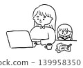 A line drawing of a mother working from home with her child. 139958350