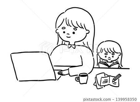 A line drawing of a mother working from home with her child. A line drawing of a mother working from home with her child. 139958350