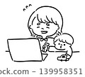 A line drawing of a mother working from home with her child. 139958351