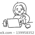 A line drawing of a mother working from home with her child. 139958352