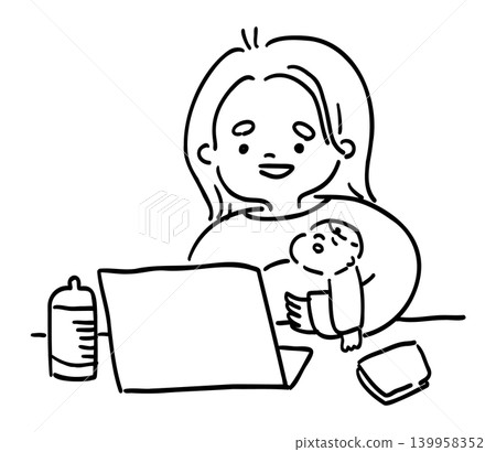 A line drawing of a mother working from home with her child. A line drawing of a mother working from home with her child. 139958352