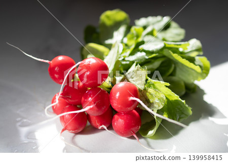 Fresh bunch of red radishes with green leaves. Healthy organic vegetable as a source of vitamin and fiber. Raw harvest for balanced diet and clean eating lifestyle. Natural ingredient for salad bowl. 139958415
