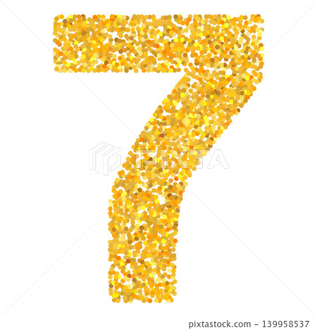 A shiny, gold-colored number seven, a glamorous number made of sparkling dots. A shiny, gold-colored number seven, a glamorous number made of sparkling dots. 139958537
