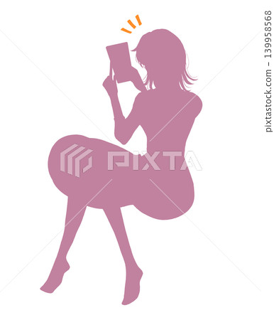 A woman sitting down, wearing a skirt, is shown in silhouette, happily using her smartphone. A woman sitting down, wearing a skirt, is shown in silhouette, happily using her smartphone. 139958568