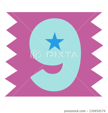 Number nine font, vector bright festive digit blue symbol 9 in pink zigzag shape frame with star inside kids happy font Number nine font, vector bright festive digit blue symbol 9 in pink zigzag shape frame with star inside kids happy font 139958574