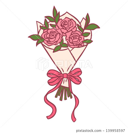 Rose flowers wrapped bouquet with leaves decorated with ribbon bow, vector doodle blossom beautiful romantic bridal gift Rose flowers wrapped bouquet with leaves decorated with ribbon bow, vector doodle blossom beautiful romantic bridal gift 139958597