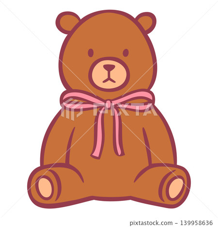 Teddy bear toy doodle vector icon, brown bear animal decorated with pink ribbon bow, kid favorite toy baby entertainment Teddy bear toy doodle vector icon, brown bear animal decorated with pink ribbon bow, kid favorite toy baby entertainment 139958636