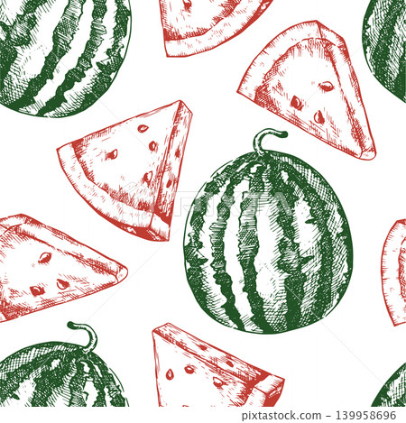 Seamless pattern with juicy watermelons. Vector illustration in sketch style. Seamless pattern with juicy watermelons. Vector illustration in sketch style. 139958696