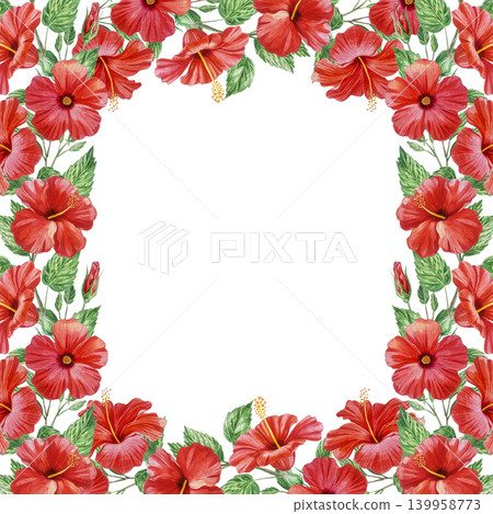 Red hibiscus flowers, branches and buds in beautiful watercolor square frame. Hand drawn tropical blooming plant for botanical designs. Realistic detailed drawing. Red hibiscus flowers, branches and buds in beautiful watercolor square frame. Hand drawn tropical blooming plant for botanical designs. Realistic detailed drawing. 139958773