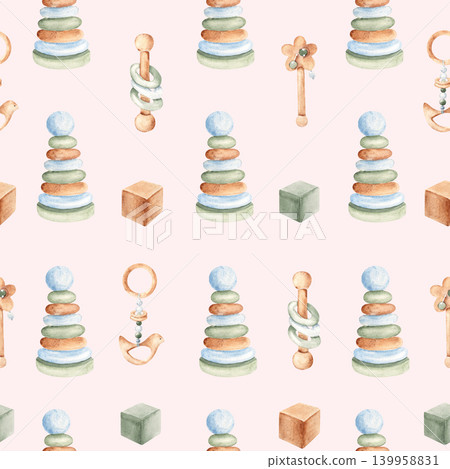 Baby girls toys seamless pattern on a pink background. Watercolor wooden pyramid and rattles. Suitable for fabric, textile, wallpaper, wrapping paper and baby shower designs. Baby girls toys seamless pattern on a pink background. Watercolor wooden pyramid and rattles. Suitable for fabric, textile, wallpaper, wrapping paper and baby shower designs. 139958831