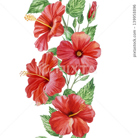 Red hibiscus flowers and butterflies in beautiful watercolor vertical seamless border. Hand drawn tropical blooming plant for floral designs. Realistic detailed drawing isolated on white background. 139958896
