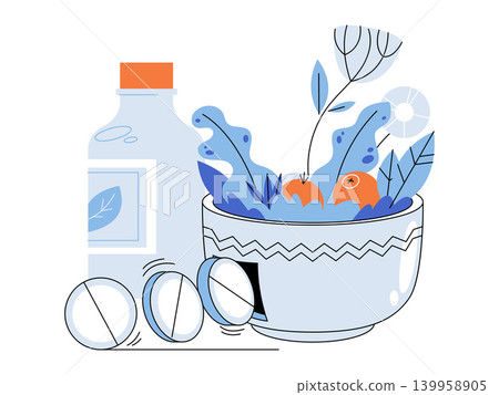 Medicine bottle pills and bowl of herbs vector illustration. Alternative medicine, homeopathy, pharmaceutical industry, wellness, natural healing, pharmacy. Drug container tablets and plant Medicine bottle pills and bowl of herbs vector illustration. Alternative medicine, homeopathy, pharmaceutical industry, wellness, natural healing, pharmacy. Drug container tablets and plant 139958905