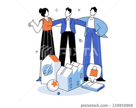 People standing behind house factory and mobile shopping icons vector illustration. Real estate, industry, retail, community, urban, business. Team posing with property and trade symbols People standing behind house factory and mobile shopping icons vector illustration. Real estate, industry, retail, community, urban, business. Team posing with property and trade symbols 139958908