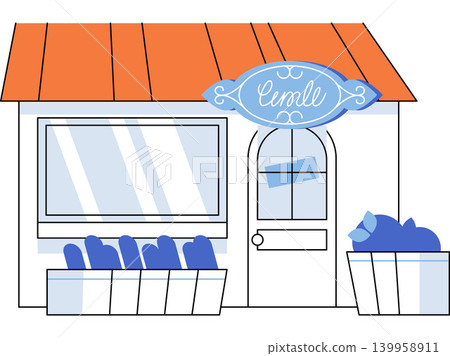 Small local shop storefront with orange roof vector illustration. Retail business, local commerce, urban architecture, boutique shopping, small enterprise, street facade. Tiny store building 139958911
