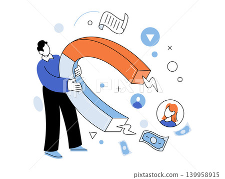 Man holds a large magnet attracting people and money vector illustration. Lead generation, customer acquisition, marketing, sales, growth, success. Professional gripping a horseshoe magnet Man holds a large magnet attracting people and money vector illustration. Lead generation, customer acquisition, marketing, sales, growth, success. Professional gripping a horseshoe magnet 139958915