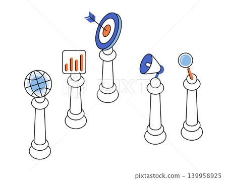 Isometric business icons on columns vector illustration. Marketing strategy, global business, data analysis, goal achievement, communication, market research. Corporate symbols on pedestals Isometric business icons on columns vector illustration. Marketing strategy, global business, data analysis, goal achievement, communication, market research. Corporate symbols on pedestals 139958925