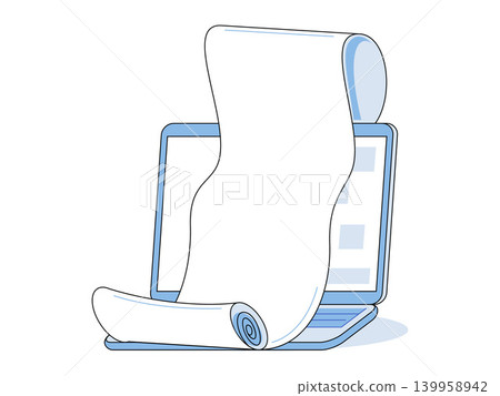 Laptop with a long paper scroll vector illustration. Online billing, digital documentation, task management, data processing, commerce, financial reporting, history. Notebook with a rolled document Laptop with a long paper scroll vector illustration. Online billing, digital documentation, task management, data processing, commerce, financial reporting, history. Notebook with a rolled document 139958942