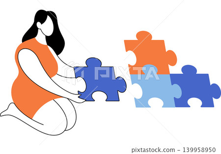 Woman connecting large jigsaw puzzle pieces vector illustration. Problem solving, business strategy, mental health, teamwork, integration, logic. Female character assembling parts of a riddle Woman connecting large jigsaw puzzle pieces vector illustration. Problem solving, business strategy, mental health, teamwork, integration, logic. Female character assembling parts of a riddle 139958950