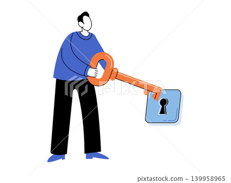 Man holding a large orange key to unlock a blue keyhole vector illustration. Business success, problem solving, security, potential, access, strategy. Male using a giant tool to open a lock Man holding a large orange key to unlock a blue keyhole vector illustration. Business success, problem solving, security, potential, access, strategy. Male using a giant tool to open a lock 139958965