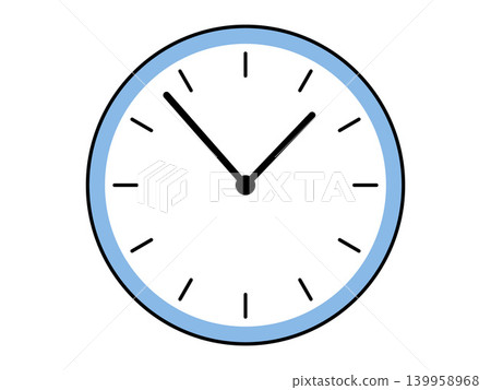 Blue analog wall clock with black hands and markers vector illustration. Time management, schedule, deadline, productivity, routine, punctuality. Round timepiece with dial and circle frame Blue analog wall clock with black hands and markers vector illustration. Time management, schedule, deadline, productivity, routine, punctuality. Round timepiece with dial and circle frame 139958968