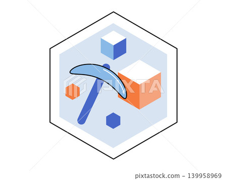 Pickaxe and geometric blocks inside a hexagon vector illustration. Cryptocurrency mining, blockchain technology, data extraction, digital assets, fintech services, crypto farm. Mining tool and 3D Pickaxe and geometric blocks inside a hexagon vector illustration. Cryptocurrency mining, blockchain technology, data extraction, digital assets, fintech services, crypto farm. Mining tool and 3D 139958969