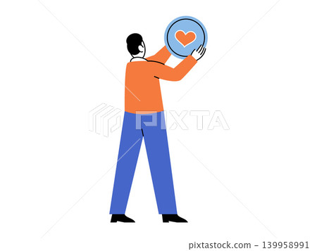 A man holds up a large coin a heart symbol vector illustration. Charity donation, social support, non profit, volunteer work, community care, financial aid. Person lifting a love token 139958991