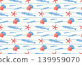 Nautical style seamless pattern with blue fish, scallop shells and red starfish. Summer coastal beach concept nautical design for textiles, wallpaper, wrapping paper, backgrounds and stationery, 139959070