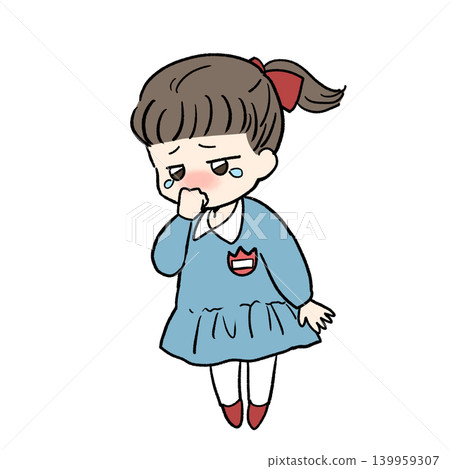 An illustration of a child in a school uniform unable to hold back tears. 139959307