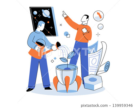 Men watering a plant in a rocket pointing at space vector illustration. Startup growth, business development, innovation, future planning, investment, teamwork. Partners nurturing sprout in Men watering a plant in a rocket pointing at space vector illustration. Startup growth, business development, innovation, future planning, investment, teamwork. Partners nurturing sprout in 139959346