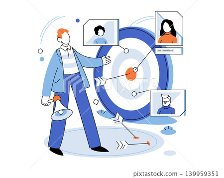 Man with megaphone targeting user profiles vector illustration. Target audience, digital marketing, recruitment, consumer segmentation, advertising, goal achievement. Marketer holding loudspeaker Man with megaphone targeting user profiles vector illustration. Target audience, digital marketing, recruitment, consumer segmentation, advertising, goal achievement. Marketer holding loudspeaker 139959351
