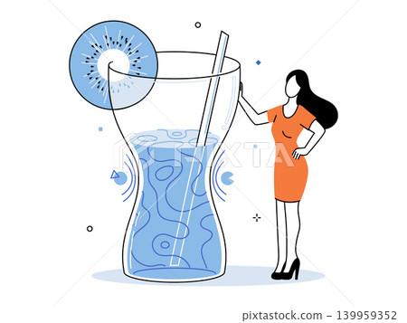 Woman standing by a giant glass of blue drink vector illustration. Healthy lifestyle, summer refreshment, nutrition habits, hydration, diet planning, detox. Female character beside big beverage Woman standing by a giant glass of blue drink vector illustration. Healthy lifestyle, summer refreshment, nutrition habits, hydration, diet planning, detox. Female character beside big beverage 139959352