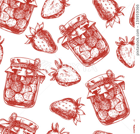 Seamless pattern of strawberries and strawberry jam. Vector illustration in sketch style. Seamless pattern of strawberries and strawberry jam. Vector illustration in sketch style. 139959366