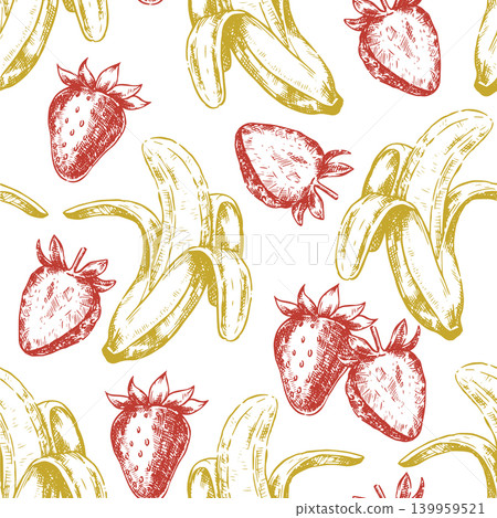 Seamless pattern with banana and strawberry fruits. Vector illustration in sketch style. Seamless pattern with banana and strawberry fruits. Vector illustration in sketch style. 139959521