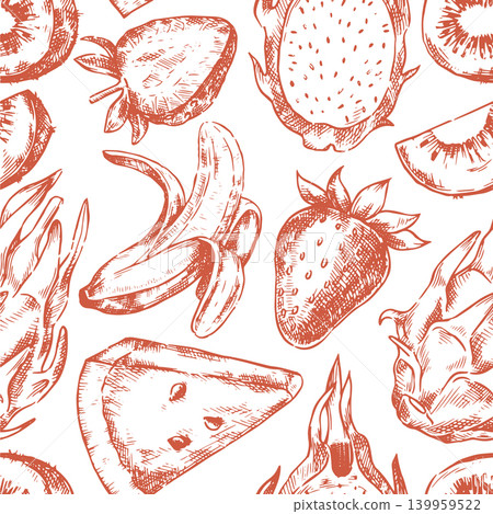 Seamless pattern with fruits. Banana, strawberry, and tropical fruits. Vector illustration in sketch style. Seamless pattern with fruits. Banana, strawberry, and tropical fruits. Vector illustration in sketch style. 139959522