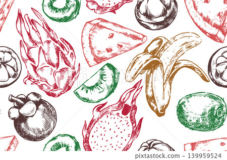 Seamless pattern with tropical fruits. Vector illustration in sketch style. Seamless pattern with tropical fruits. Vector illustration in sketch style. 139959524