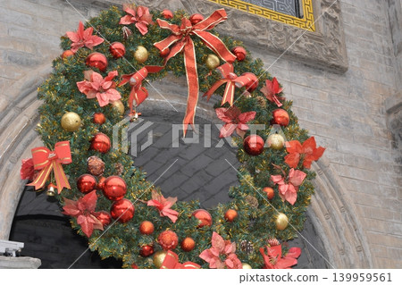 christmas decorations on the roof of the church christmas decorations on the roof of the church 139959561