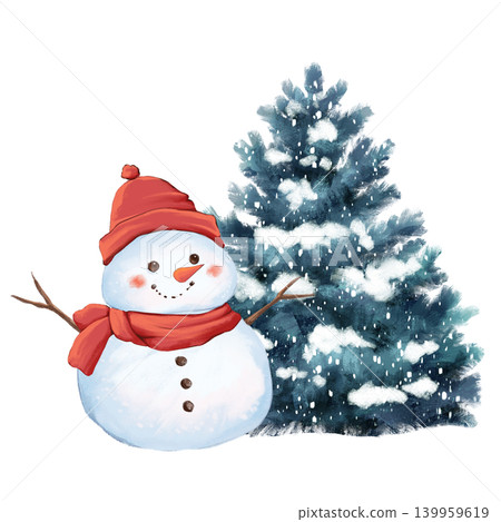 Cute hand drawn snowman with red scarf and pine tree Christmas illustration Cute hand drawn snowman with red scarf and pine tree Christmas illustration 139959619