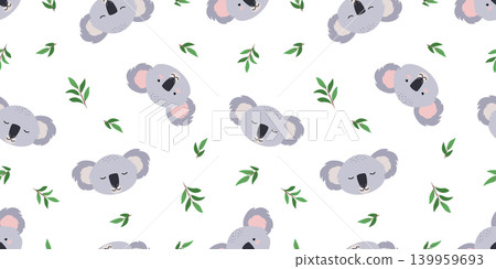 Cute koala eats eucalyptus leaves. Seamless pattern cute animal. Vector illustration, cartoon background, wallpaper. Cute koala eats eucalyptus leaves. Seamless pattern cute animal. Vector illustration, cartoon background, wallpaper. 139959693