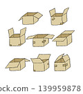 Hand drawn cardboard carton package sketch. Black line drawing, simple geometric shape, storage container outline. Delivery shipping concept. Isometric beige open box 139959878