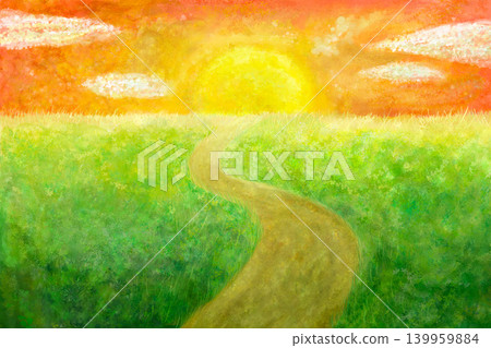 手繪草原道路日落風景畫 02 手繪草原道路日落風景畫 02 139959884