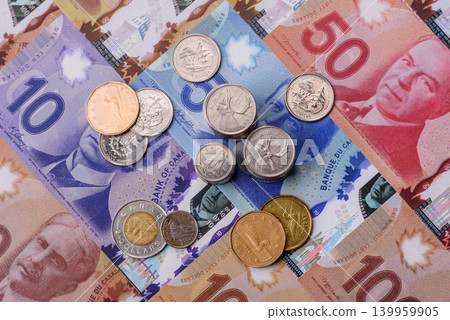 Money, currency of Canada, dollar banknotes of various denominations. Canadian money 139959905