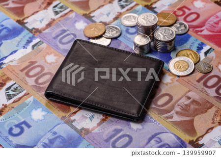 Canada, Canadian dollar, paper money and coins, financing exchange, trade. Canadian currency Canada, Canadian dollar, paper money and coins, financing exchange, trade. Canadian currency 139959907
