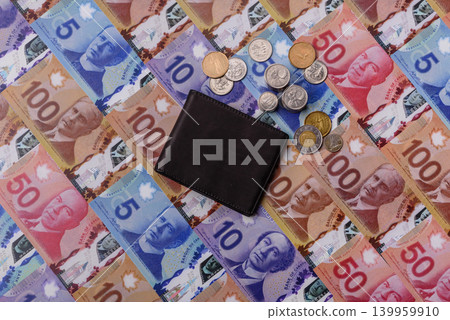 Canada, Canadian dollar, paper money and coins, financing exchange, trade. Canadian currency Canada, Canadian dollar, paper money and coins, financing exchange, trade. Canadian currency 139959910