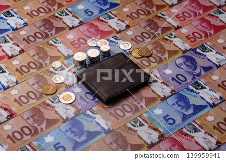Canada, Canadian dollar, paper money and coins, financing exchange, trade. Canadian currency Canada, Canadian dollar, paper money and coins, financing exchange, trade. Canadian currency 139959941