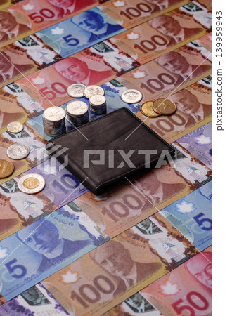 Canada, Canadian dollar, paper money and coins, financing exchange, trade. Canadian currency Canada, Canadian dollar, paper money and coins, financing exchange, trade. Canadian currency 139959943