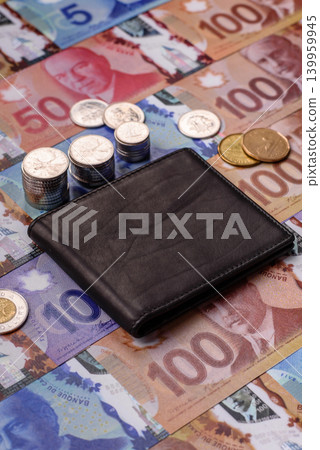 Canada, Canadian dollar, paper money and coins, financing exchange, trade. Canadian currency Canada, Canadian dollar, paper money and coins, financing exchange, trade. Canadian currency 139959945