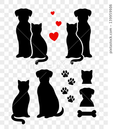 Sitting pets silhouettes, black dog and cat icons, paw print, bone, heart 139959986