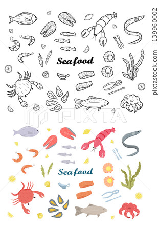 Set of black and white outlines and colored icons of marine life and seafood. Vector illustration of seafood and sea cuisine. Coloring book Set of black and white outlines and colored icons of marine life and seafood. Vector illustration of seafood and sea cuisine. Coloring book 139960002