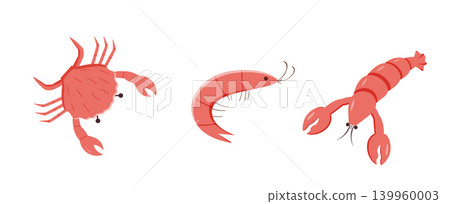 A set of cartoon drawings of marine animals. Vector illustration of shrimp, crab, lobster. Isolated on white.  139960003