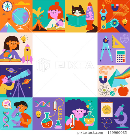 STEM education frame template with kids science illustrations. Summer camp and online learning STEM education frame template with kids science illustrations. Summer camp and online learning 139960085